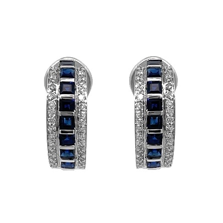 18K White Gold Estate Sapphire 3 Row Omega Back Hoop Earrings w/Diams=0.90apx SI H 7.3dwt