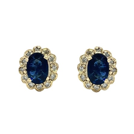 14K Yellow Gold Estate Sapphire Oval Halo Stud Earrings w/Diams=0.28apx SI H-I 1.5dwt