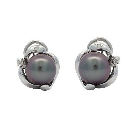 18K White Gold Estate 9mm Cultured Tahitian Pearl Omega Earrings w/Diams=.06apx SI2 H-I 5.3dwt
