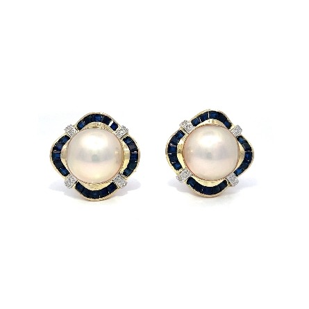 14K Yellow Gold Estate Mabe Pearl and Sapphire Channel Set Omega Back Earrings w/Diams=0.25apx SI2 I 8.8dwt