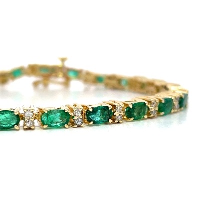 14K Yellow Gold Estate Emerald Oval and Round Line Bracelet w/Diams=0.50apx SI H 7inch 8.6dwt