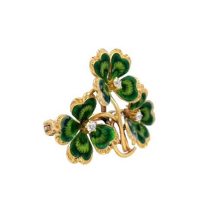 14K Yellow Gold Estate Green Enamel Triple Four Leaf Clover Pin w/Diams=0.15apx VS H Circa1910 3.0dwt