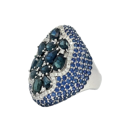 14K White Gold Estate Oval Sapphire Prong Set Cluster Pave Ring w/Diams=0.70apx SI I Size7.25 7.6dwt