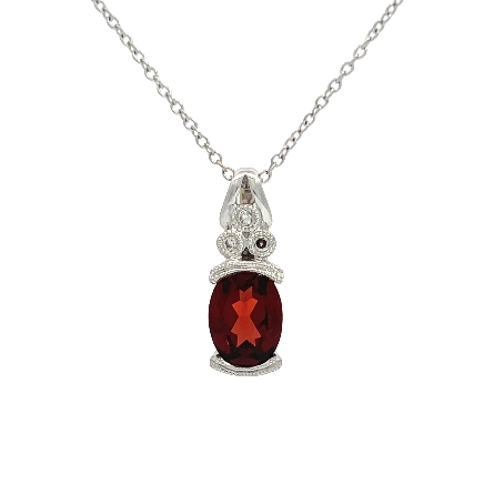 14K White Gold Estate Garnet Oval Half Bezel Milgrain Pendant w/Diams=.02apx SI J on 16inch Cable Chain 1.7dwt