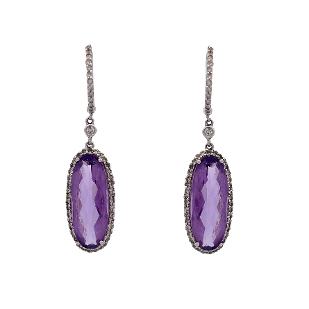 14K White Gold Estate Amethyst Oval Halo Huggie Hoop Drop Earrings w/Diams=.38apx SI2-I1 I-J 3.2dwt