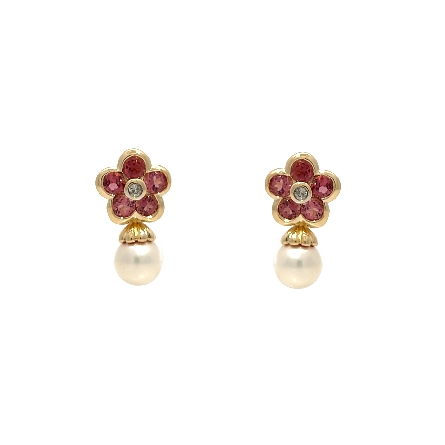 14K Yellow Gold Estate Pink Tourmaline and Cultured Pearl Flower Drop Earrings w/D=.01apx 2.5dwt 