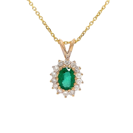 14K Yellow and White Gold Estate Natural Emerald Oval Halo Pendant w/Diams=.25apx SI2-I1 H on 18.25inch Diamond Cut Cable Link Chain 2.0dwt