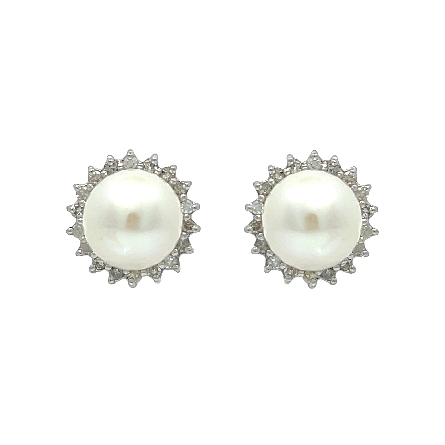 14K White Gold Estate Salt Water Cultured Pearl Halo Earrings w/36Single Cut Diams=.36apx I1-I2 I-J 1.7dwt