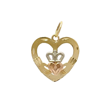 14K Yellow;White and Rose Gold Estate Diamond-Cut Heart Shape Claddagh Charm 0.5dwt