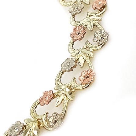 14K Yellow; White and Rose Gold Estate 7inch Heart and Flower Link Bracelet 6.0dwt