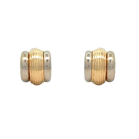 14K Yelllow and White Gold Estate Polished Edge Ribbed Center Wide Huggie Hoop Earrings 3.0dwt