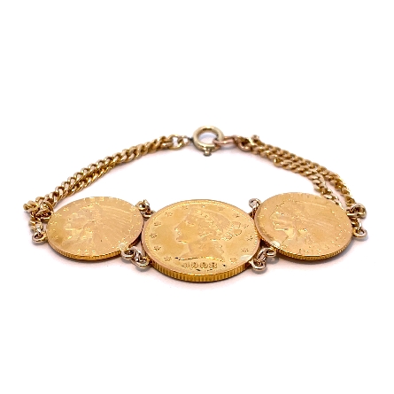 18K and 20K Yellow Gold Estate 3-Coin Double Curb Link 6.25inch Bracelet w/$5 Gold Liberty and $2.50 Gold Indian Coins 13.3dwt