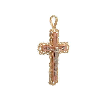 14K Tricolor Gold Estate Diamond Cut Crucifix Cross Pendant 2.9dwt