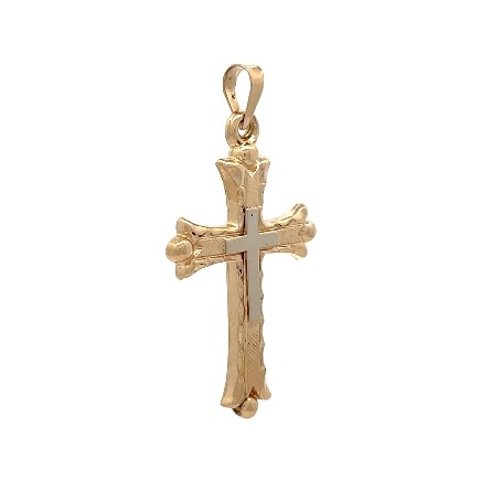 14K Two Tone Gold Estate Layered Textured Cross Pendant 0.7dwt