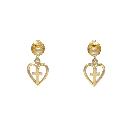 14K Yellow Gold Estate Cross Heart Drop Earrings 0.4dwt