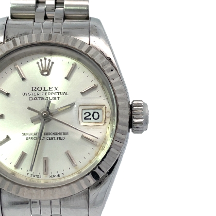 Stainless Steel and 18K White Gold Bezel Estate Rolex Datejust Oyster Perpetual Round Silver Dial Ladies Watch Serial#9565403 Model#69164 Year1987