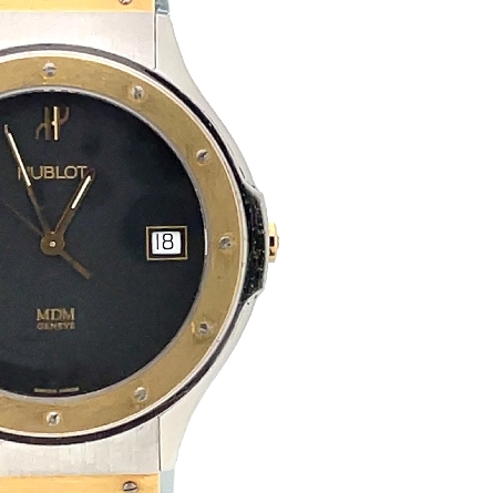 18K Yellow Gold and Stainless Steel Estate Hublot MDM Geneve Round Black Dial Bracelet Watch No Box  