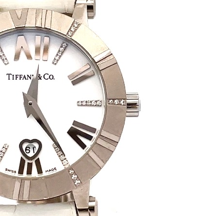 18K White Gold and Ceramic Estate Tiffany and Company Diamond Atlas Round White Dial and White Leather Bracelet Watch  No Box 