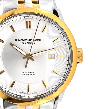Stainless Steel and Gold Plate Estate Mens 42mm Freelancer Round White Slash Marks Dial Date@3 Two Tone Raymond Weil Watch #2731-STP-65001