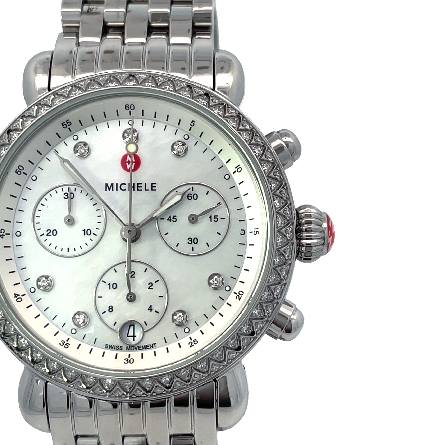 Stainless Steel Michele Mother-of-Pearl CSX Chronograph Round Watch w/Diams 