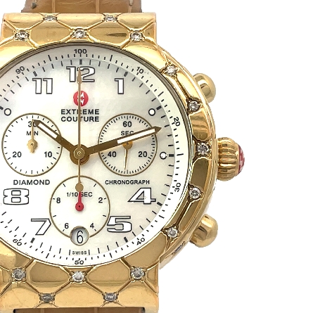 Stainless Steel Yellow Plated Estate Michele Extreme Couture Round White Chronograph Dial Watch w/Creme Alligator Strap and Diams=.95ctw No Box