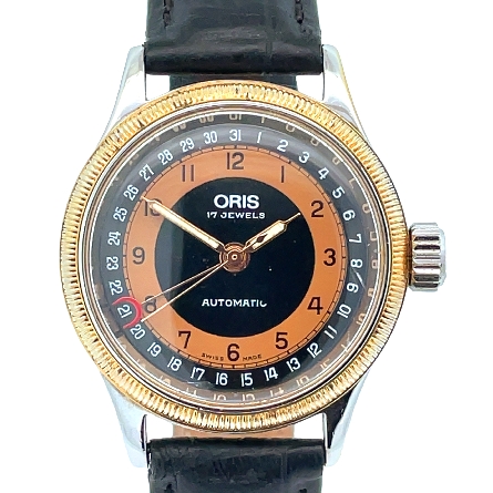 Stainless Steel Estate Oris 17 Jewels Automatic Black and Brown Dial w/Black Leather Strap Watch 