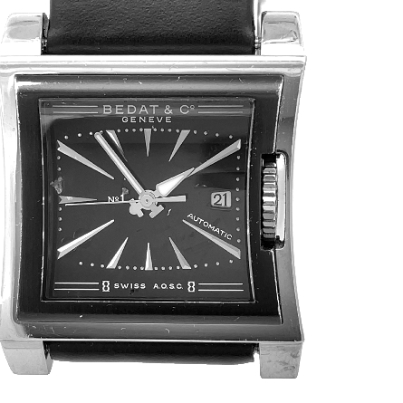 Stainless Steel Estate Bedat & Co. Geneve Square Black Dial Watch w/Black Leather Bracelet Strap No Box