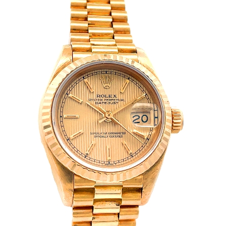 18K Yellow Gold Estate Rolex Ladies Presidential Oyster Perpetual Datejust Tapestry Dial and Gold Markers w/Box and Papers Serial#267456 Model#69178 Year 1984