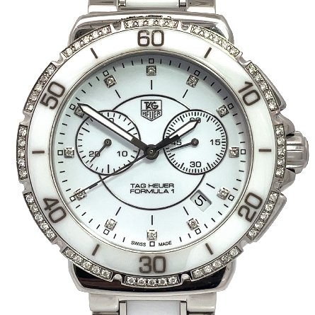 Ceramic and Stainless Steel Estate Tag Heuer Ladies Formula 1 White Chronograph Dial Diamond Markers Diamond Case Watch NoBox/Paper  (CAH1213.BA0863)