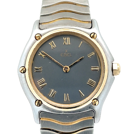 Stainless Steel and 24K Yellow Electroplated Gold Estate Ebel Gray Dial Wave Watch 