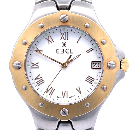 18K Yellow Gold Bezel and Stainless Steel Estate Ebel Sportwave White Dial Link Watch with Box 