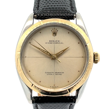 Stainless Steel and 14K Yellow Gold Estate Rolex Oyster Perpetual Watch w/Black Leather Strap Model#1008 Serial#1165017 Year1965 No Box