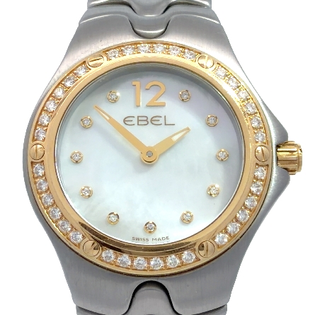 Stainless Steel and 18K Yellow Gold Estate Ebel Ladies Sportwave Diamond Bezel Mother of Pearl Dial Watch w/47Diams=.58apx VS H-I No Box