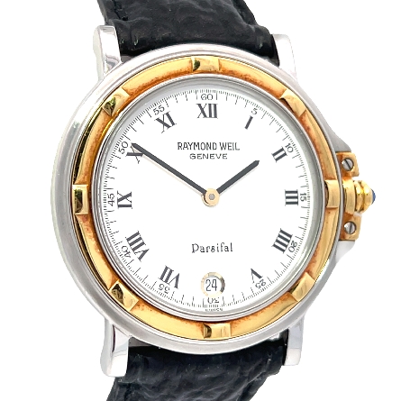 Stainless Steel and 18K Yellow Gold Estate Raymond Weil Parsafil Round White Dial Watch w/Black Strap No Box
