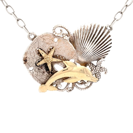 Sterling Silver and 14K Yellow Gold Estate Dolphin and Seashell Sealife Necklace 18inch 10.3dwt