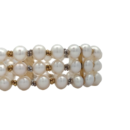 14K Yellow and White Gold Estate Cultured Freshwater Pearl Triple Strand Alternating Bead Knots Bracelet 7inch 14.8dwt 