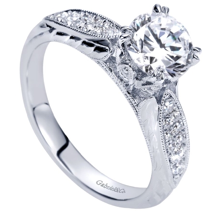 14K White Gold Vintage Milgrain Prong Set Engagement Ring Semi Mounting w/Diams=.28ctw SI G-H to fit a 1.25ct Round Center Stone (not included) #ER9063W44JJ (S880800)