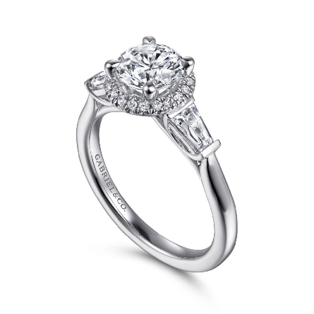 14K White Gold Gabriel ELINOR Halo 3Stone Engagement Ring w/Baguette Diams=.36ctw VS2 G-H and Diams=.13ctw SI2 G-H for a 1.25ct Round Center Stone (not included) Size 6.5 #ER15784Q4W44JJ (S1516807)