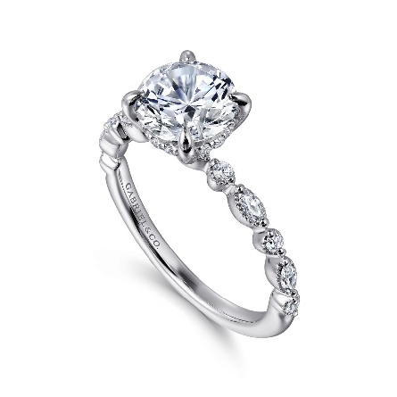 14K White Gold Gabriel LANNA 4Prong Hidden Halo Engagement Ring Semi Mounting w/Marquise Diams=.14ctw VS2 G-H and Diams=.15ctw SI2 G-H for 1.5ct Round Center Stone (not included)  #ER16233R6W44JJ (S1636063)