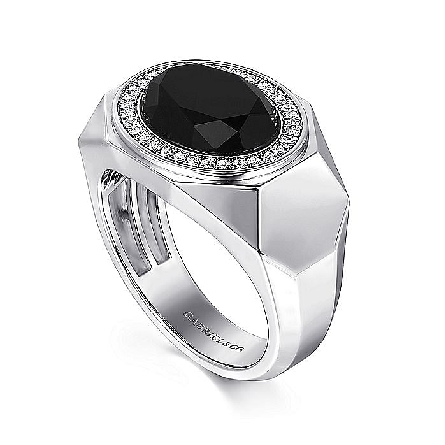 Sterling Silver Mens East-West Oval Ring w/Onyx=3.26ct and Diams=.18ctw SI2 H-I Size 10 #MR20025SV5OX (S1740553)