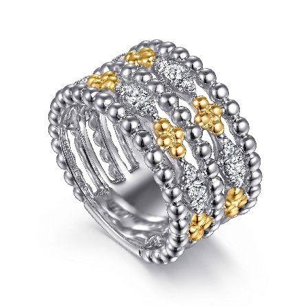 Sterling Silver and 14K Yellow Gold Bujukan Wide 5Row Ring w/White Sapphires=.44tw Size6.5 #LR52892MZJWS(S2118947)