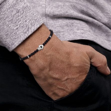 Sterling Silver 4mm Matte Facted Hamsa 8inch Bracelet w/Onyx=20.22tw and Spinel=.11ctw #TBM2131SVJMC (S2118979)