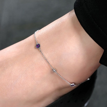 Sterling Silver 9.5-10inch Milgrain Bezel Anklet w/Amethyst=.93ctw and White Sapphire=.09ctw #AB937SVJMC (S951509)