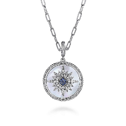 Sterling Silver Gabriel Bujukan 24mm Starburst Medallion Enhancer Pendant  (Chain not included) w/White Mother-of-Pearl=5.21ct; Blue Sapphire=.09ct and White Sapphire=.32tw #PT6639SVJMC (S2248584)