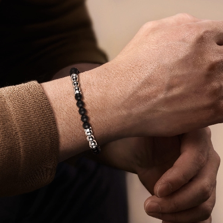 Sterling Silver Mens Gabriel 6mm Matte Black Onyx and Silver Bead 8inch Bujukan Bracelet #TBM2162SVJOM (S2251569)