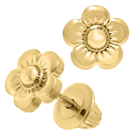 14K Yellow Gold Screw Back Flower Childs Earrings #GE207