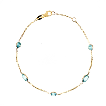 14K Yellow Gold Adjustable 6.5-7inch By the Yard Bracelet w/5 Round and Oval Blue Zircons=2.56ctw 