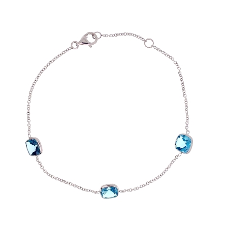 14K White Gold Adjustable 6.5-7inch Cushion Shaped By the Yard Bracelet w/3Blue Topaz=3.10ctw (6mm)