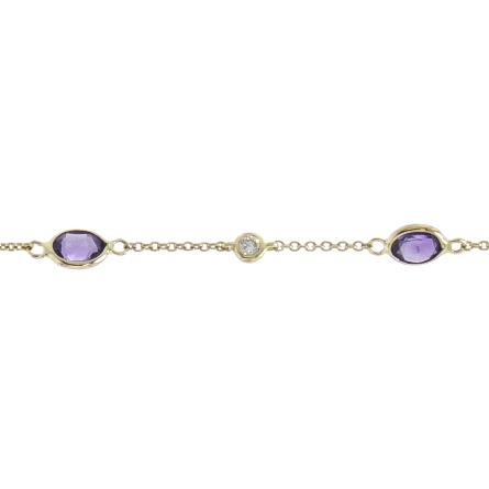 14K Yellow Gold 6.5-7inch Adjustable Bezels Bracelet w/3Amethyst=.99ctw and 2Diams=.07tw #55924AM