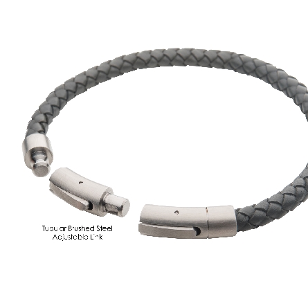 Stainless Steel 8-8.5inch Adjustable 6mm Grey Genuine Leather Brushed Tubular Press Clasp Bracelet #BRLB9016GRY